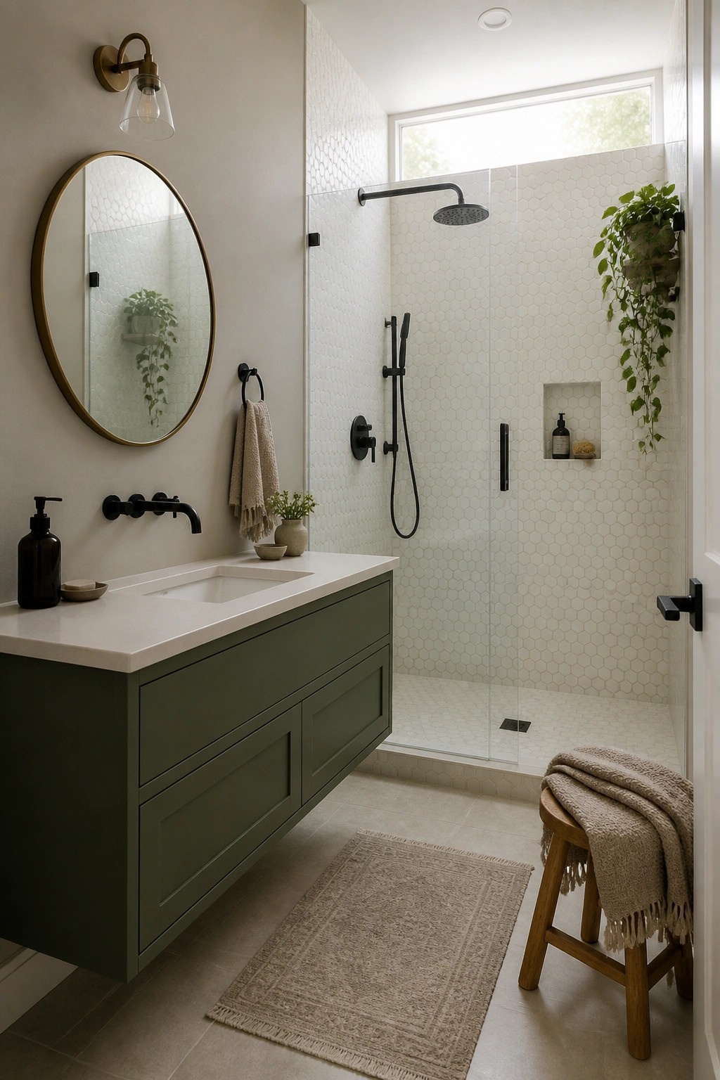 A bathroom vanity painted deep green with a white countertop and black fixtures.