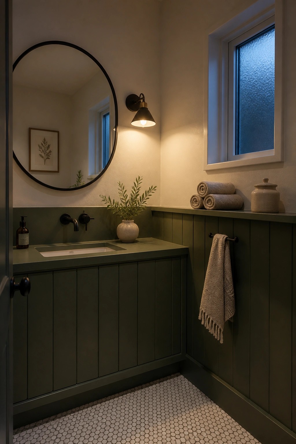 Dark green bathroom vanity with round mirror, wall sconce, rolled towels and hex tiles.