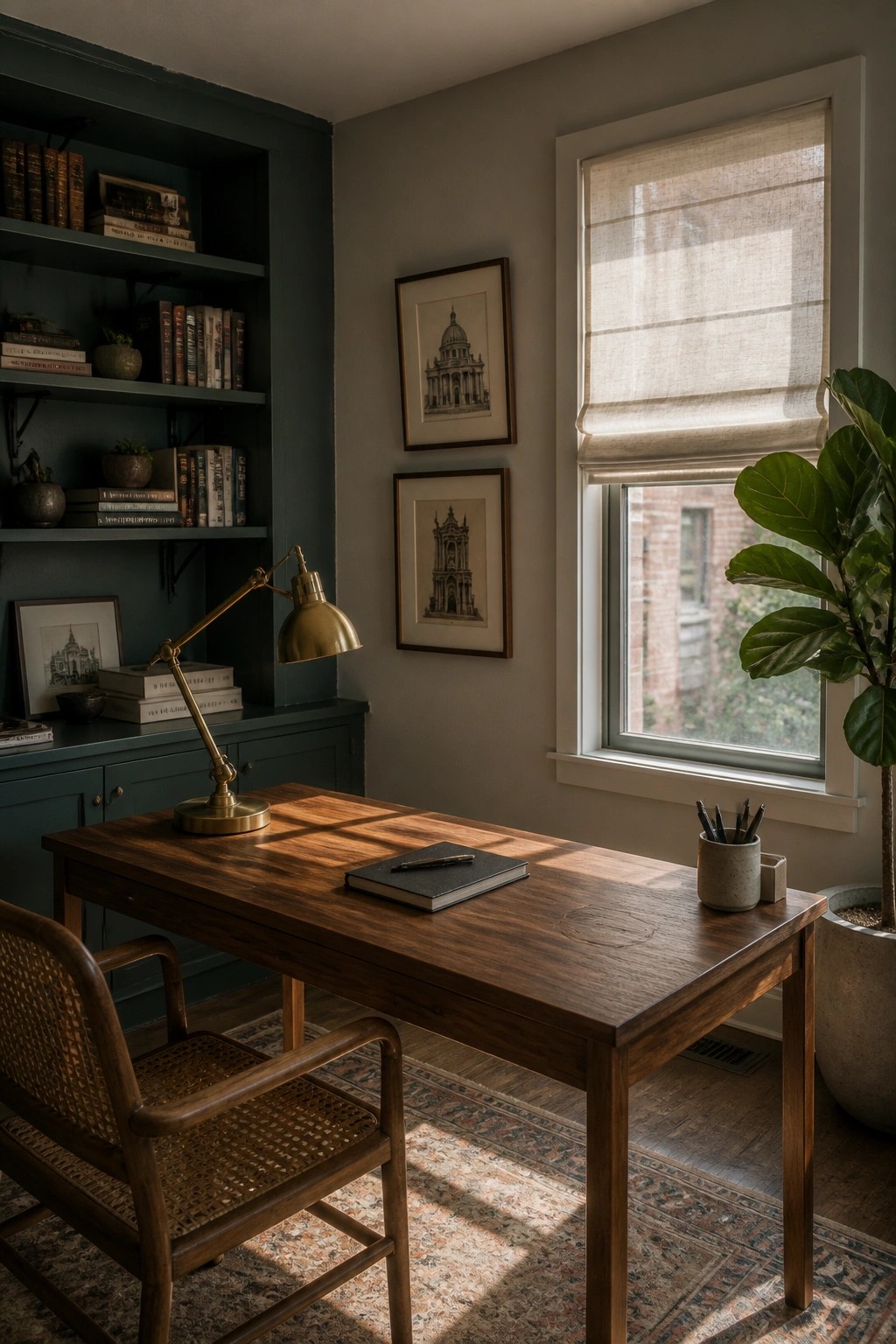 Deep green walls and built-in shelves in a home office.