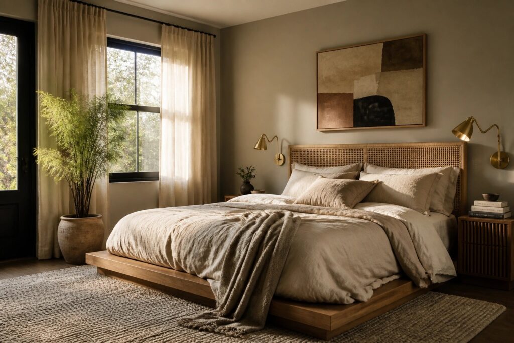 22 Modern Interior Paint Colors in Clean Neutrals, Deep Greens, and Soft Black Accents A bedroom with warm beige walls and a wooden bed.