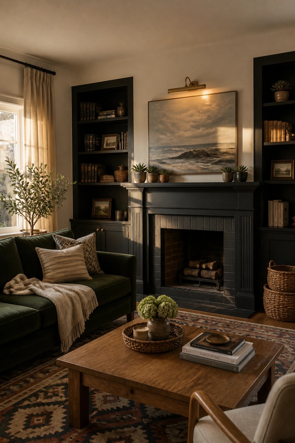 A living room with soft black built-in bookshelves and a matching fireplace mantel.