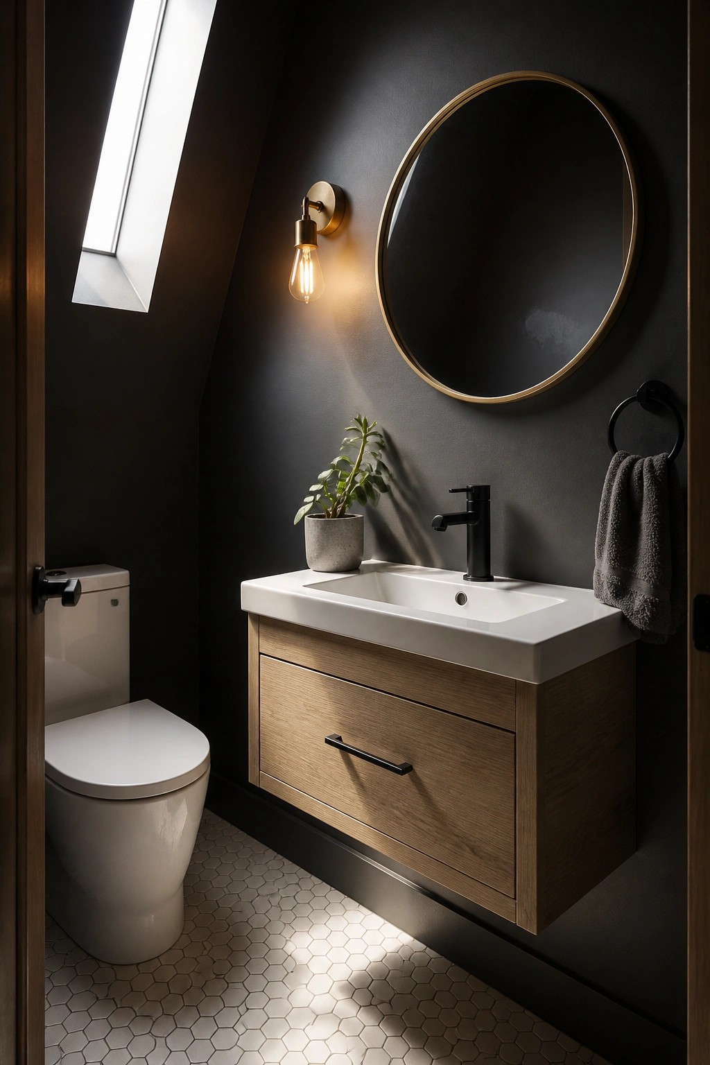 A small bathroom with dark painted walls, a wood vanity, and white fixtures.