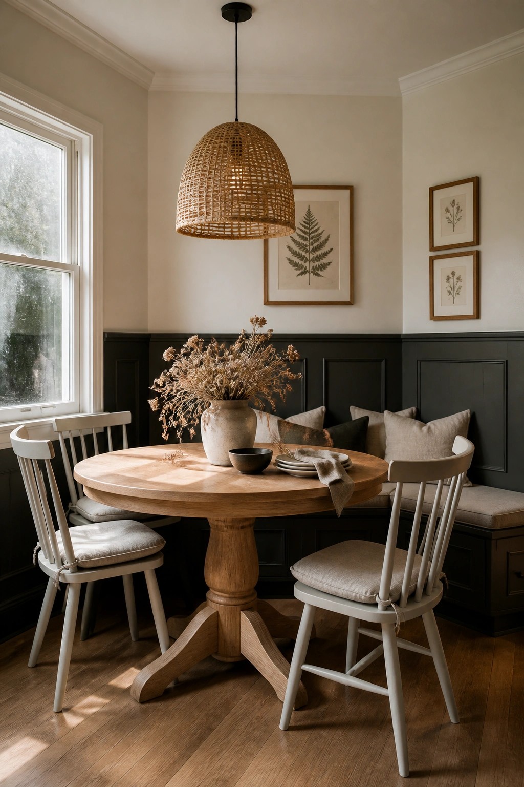 Light warm neutral walls above dark paneling in a dining room.