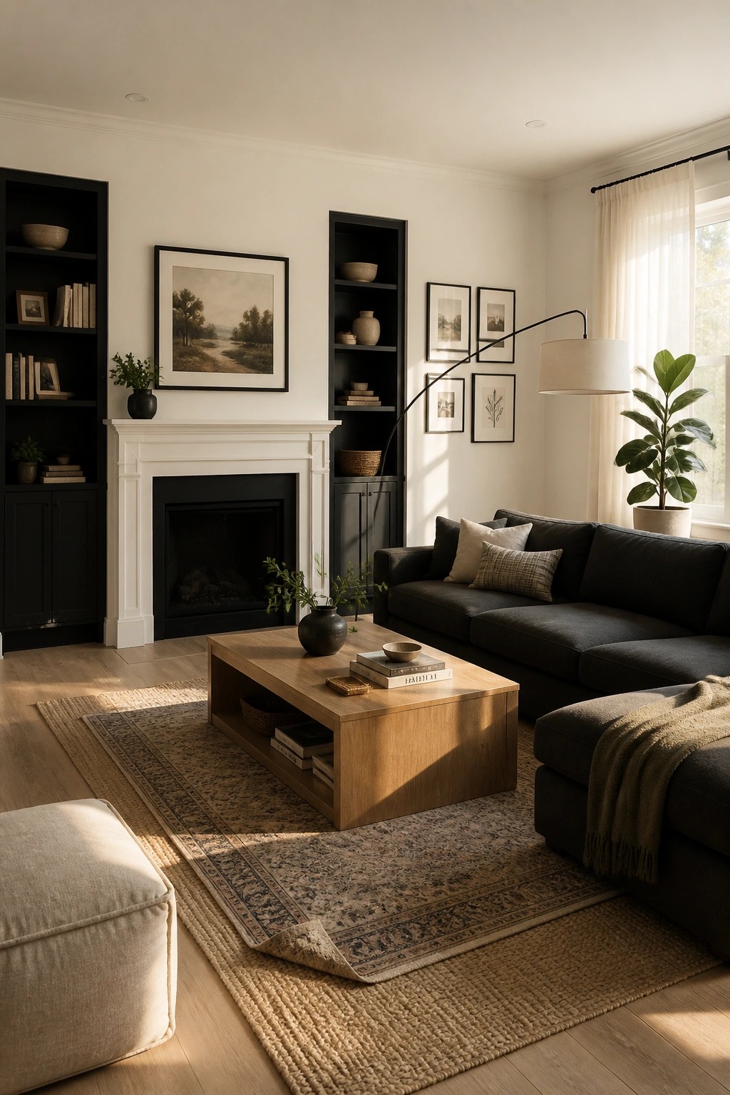 A living room with warm off-white walls and black built-in shelves.