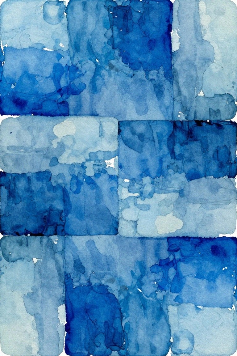 A watercolor painting composed of multiple irregular blue rectangles arranged in a loose grid pattern with varying shades and soft edges.