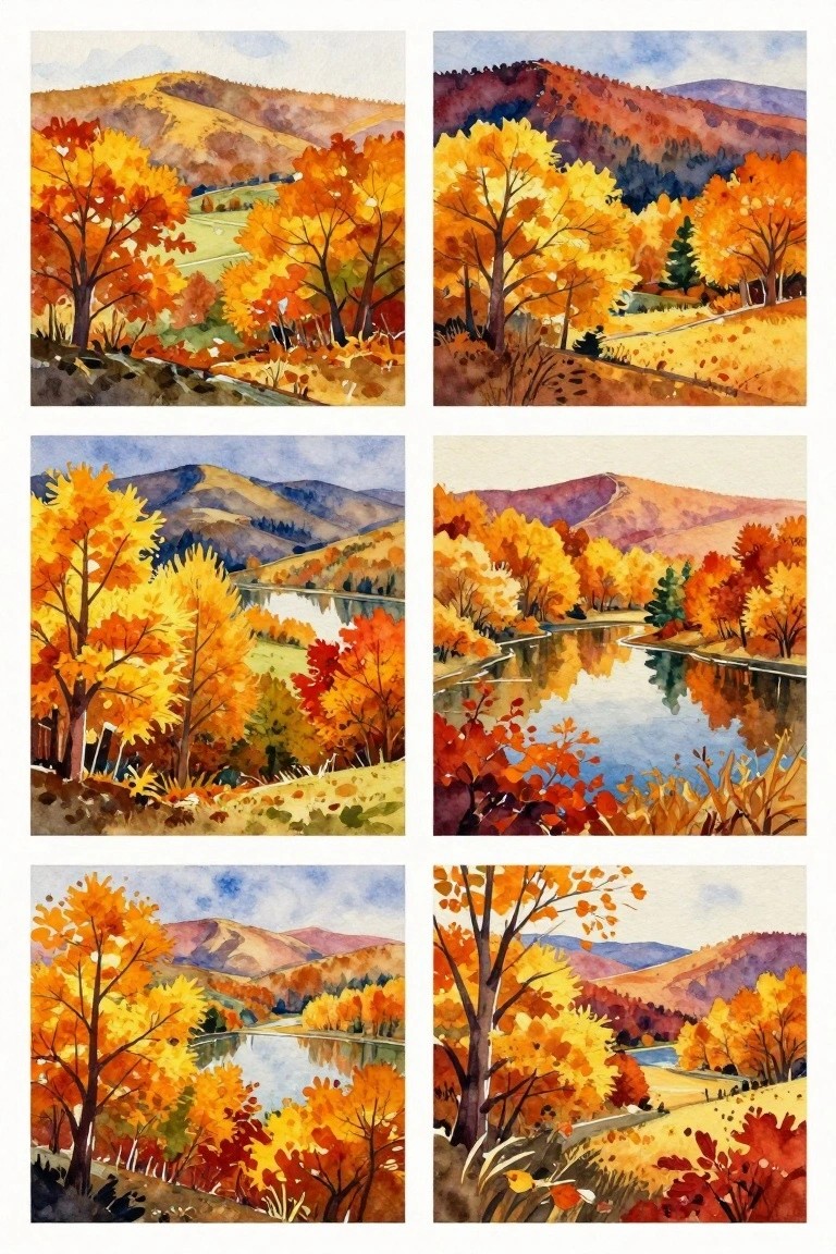 Grid of six vibrant watercolor autumn landscapes with colorful trees and hills