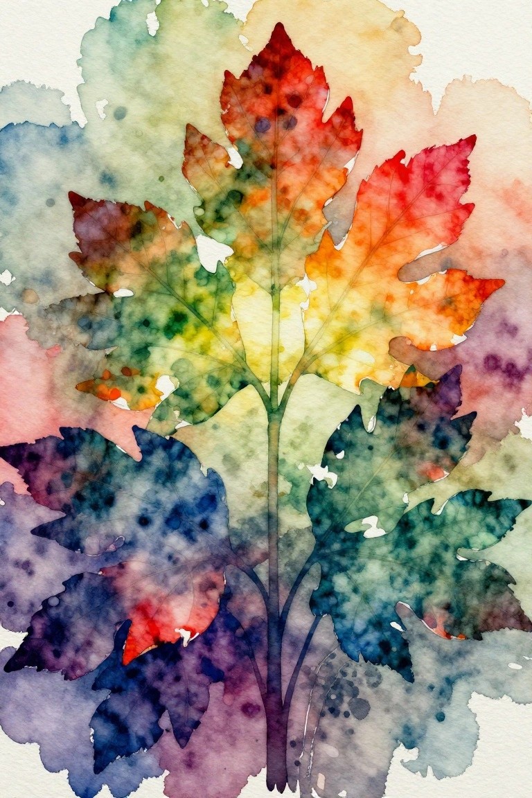 A cluster of overlapping leaves painted in red, orange, yellow, green, blue, and purple watercolor tones on a white background.