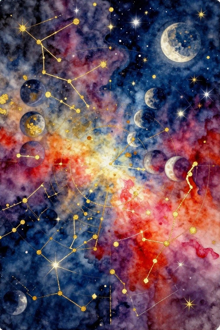 Watercolor cosmic scene with golden constellations, moon phases, and vibrant nebulae.