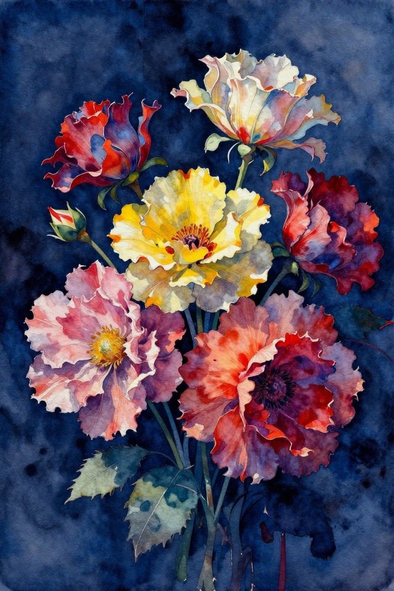 Watercolor bouquet of vibrant yellow, red, and pink flowers on dark blue background.