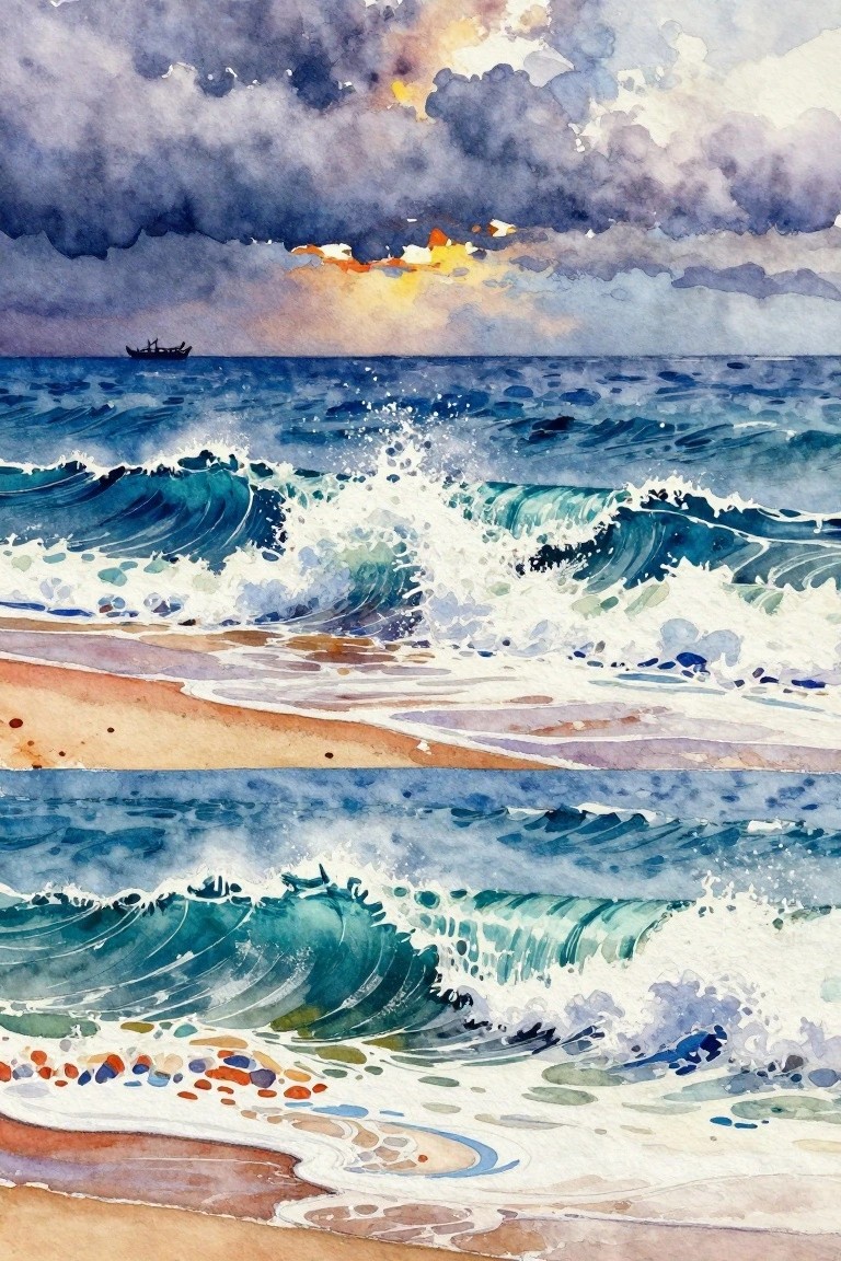 Watercolor seascape of crashing waves on a beach under stormy skies with distant boat.