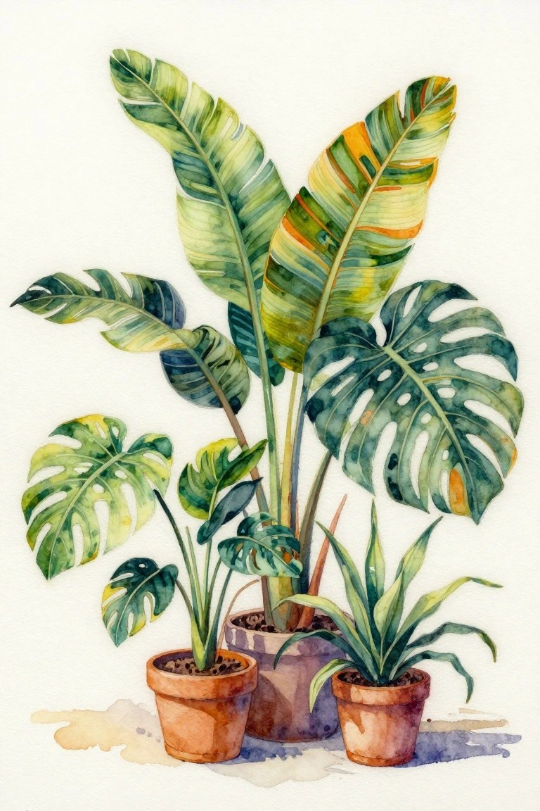 A watercolor painting of several potted tropical plants with large green leaves arranged in terracotta and ceramic pots.