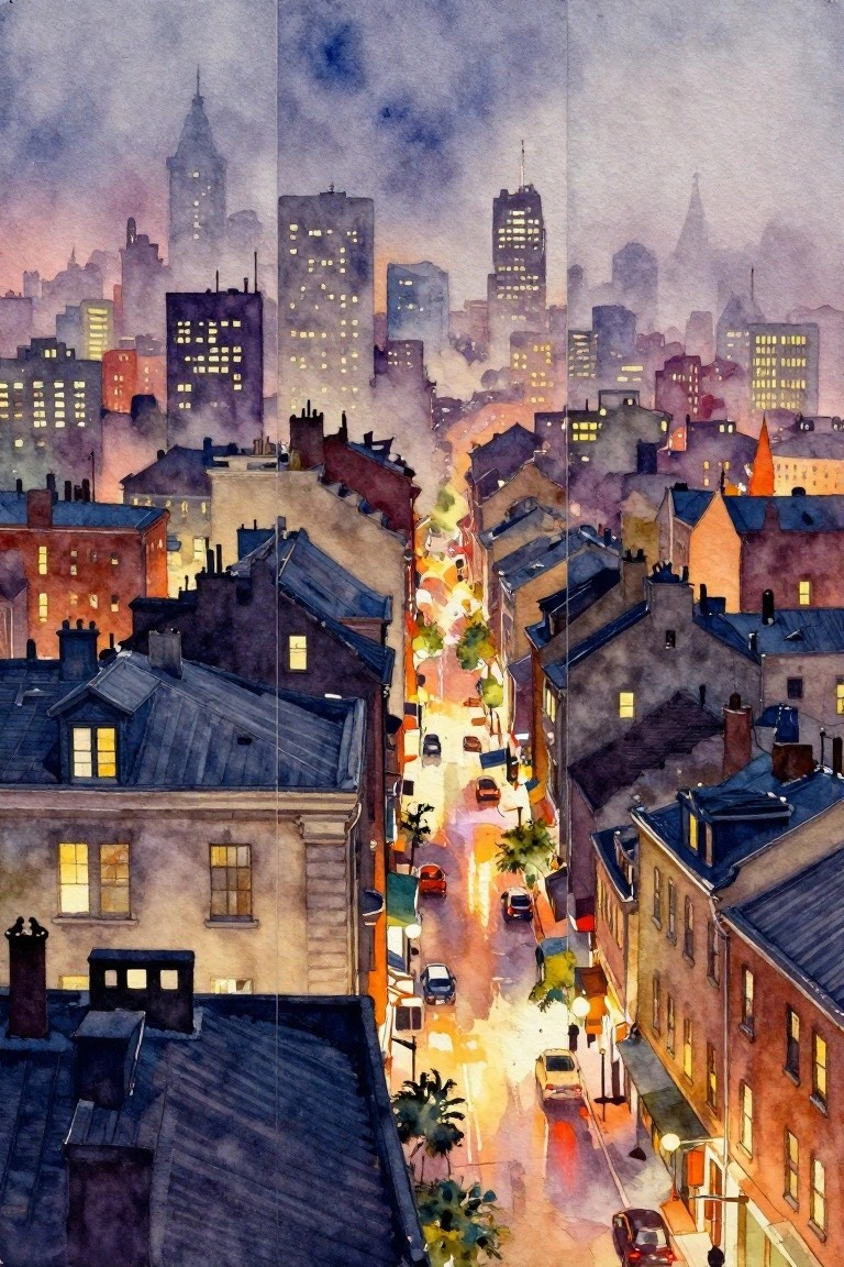 Watercolor cityscape at twilight with glowing rooftops, cars on a misty street, and skyscrapers.