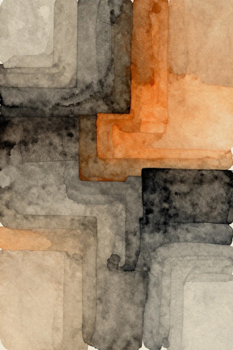 Abstract watercolor with layered gray, black, and orange geometric shapes on textured paper.