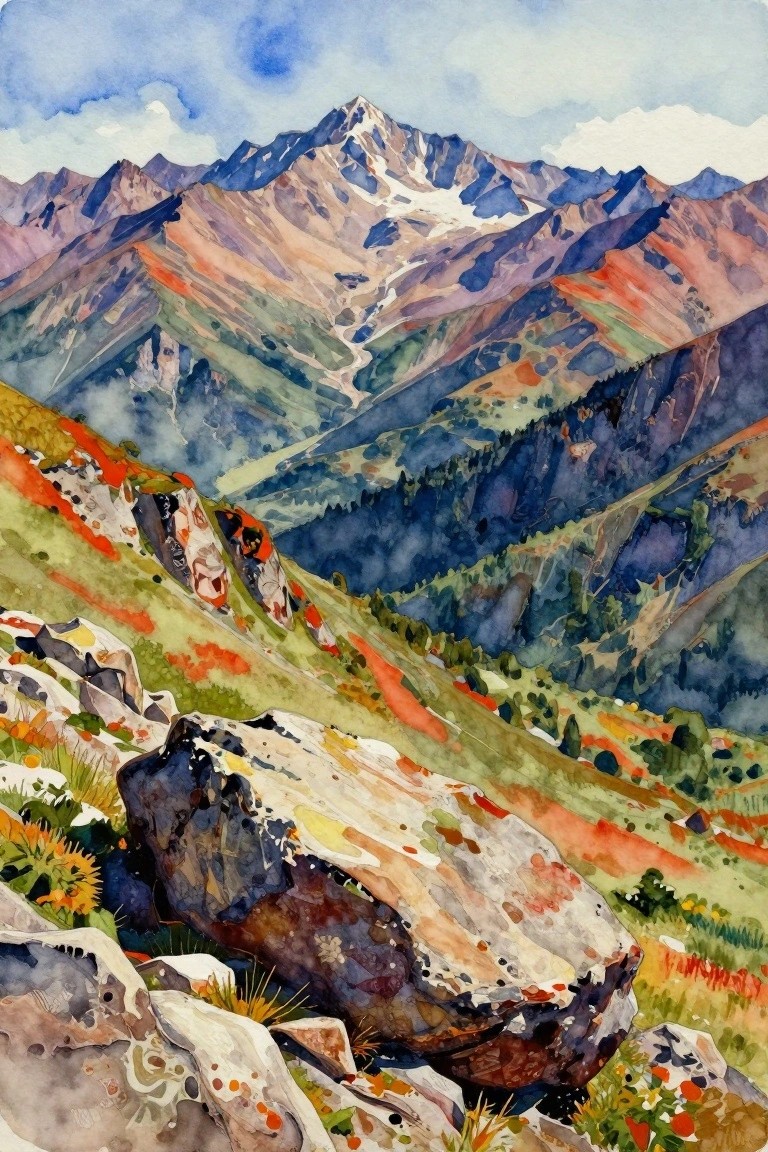 Vibrant watercolor landscape of snow-capped mountains with colorful rocky slopes and foreground boulders