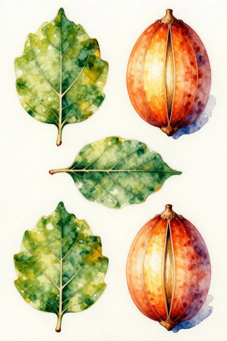 Watercolor green leaves and orange ribbed pods scattered on white background