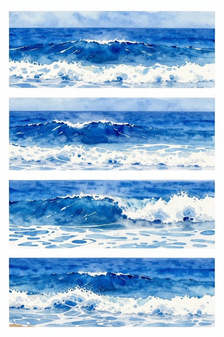 Four stacked watercolor panels of blue ocean waves with white foam crests.