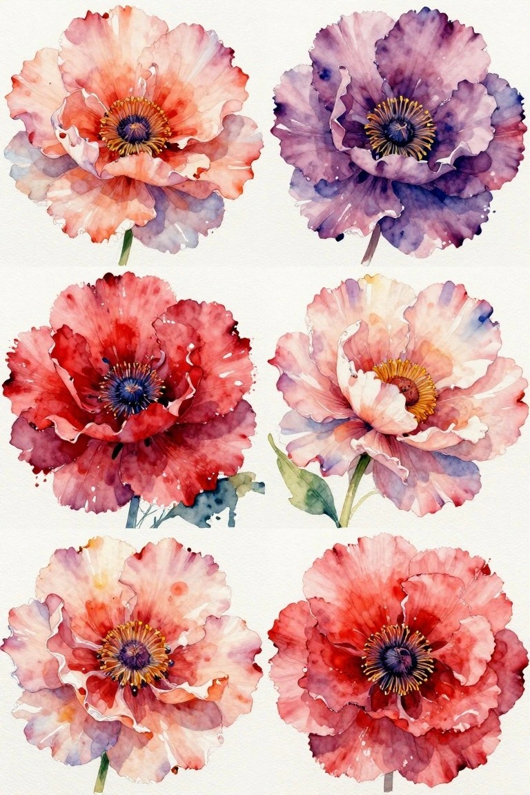 Six watercolor poppies in pink, red, purple, and orange hues