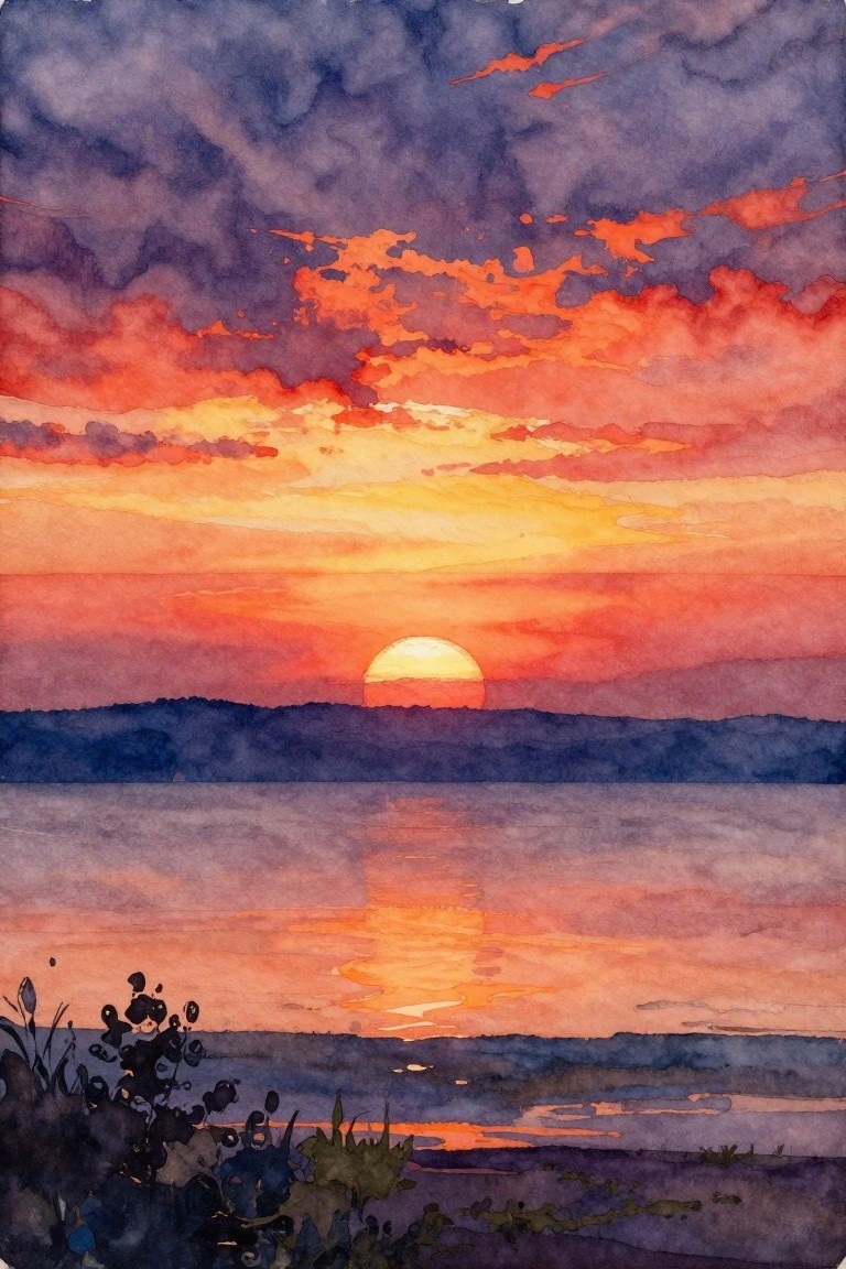 Watercolor sunset with fiery orange-red clouds, glowing sun over water, and dark foreground plants.