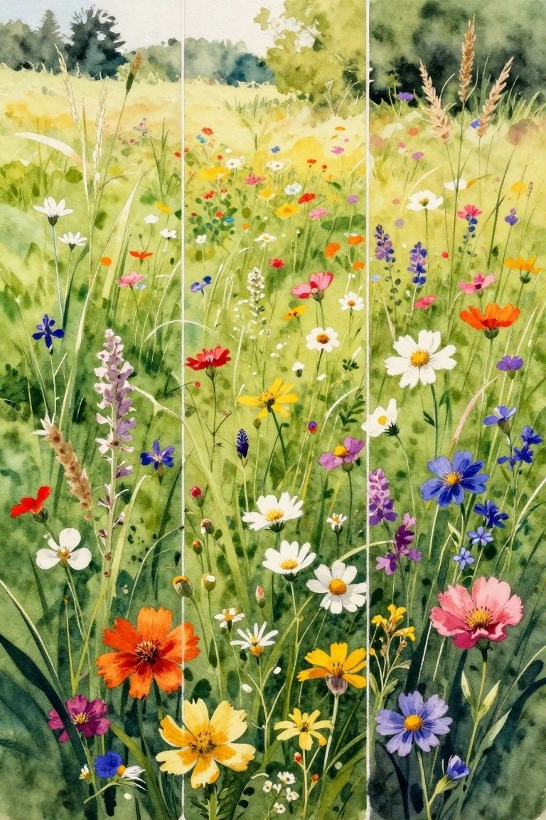 Watercolor triptych of vibrant wildflower meadow with colorful blooms and grasses