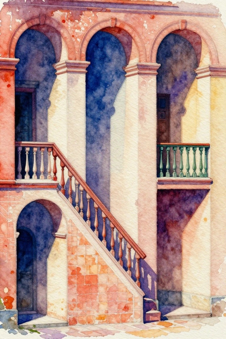 Watercolor of weathered arches, columns, tiled staircase, and green balcony railing