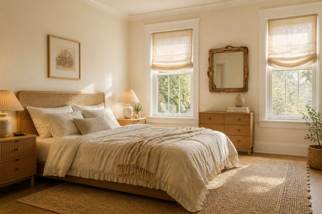 Bedroom walls painted a soft warm off-white.