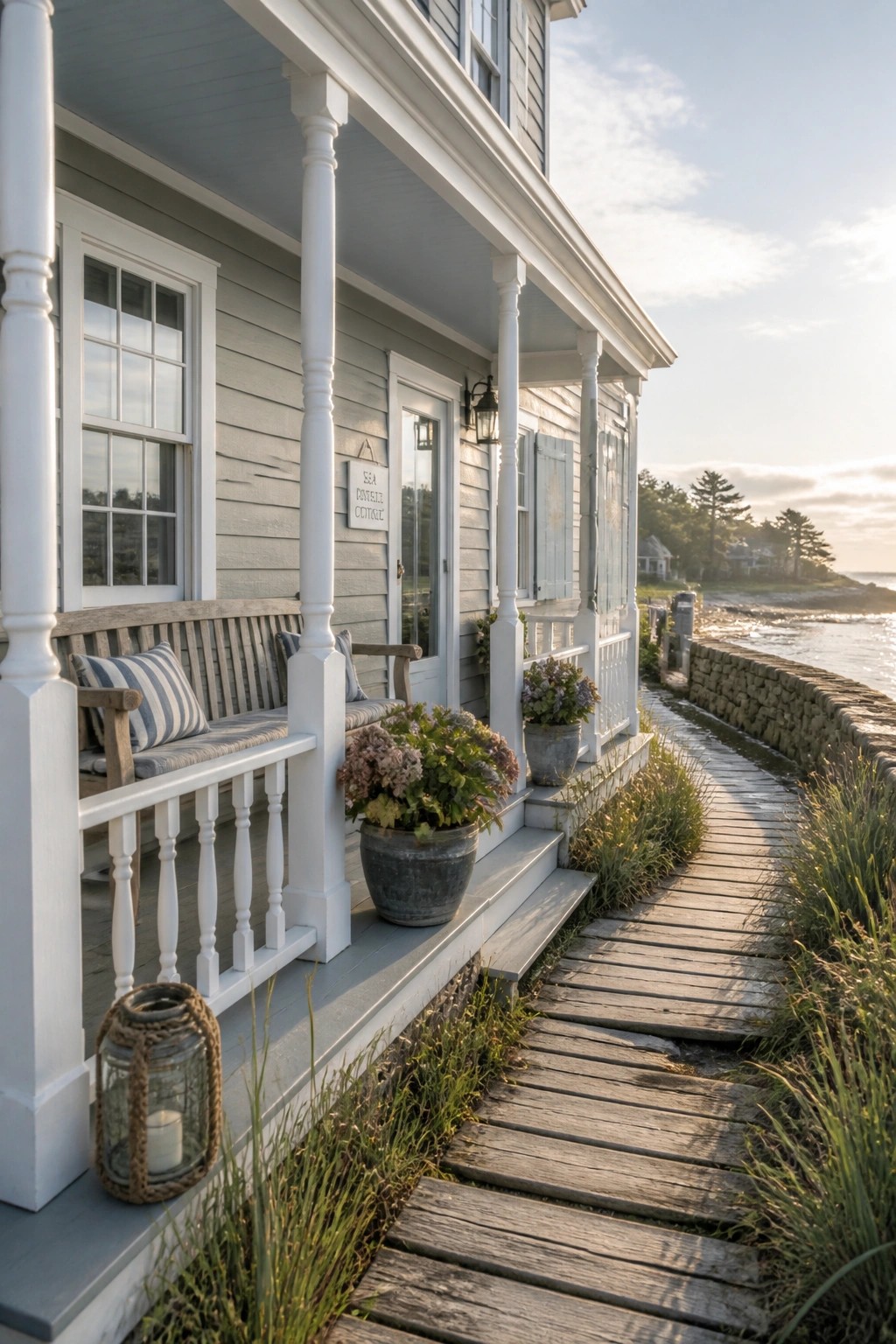 Light gray siding on a house exterior with white trim and a wooden walkway.