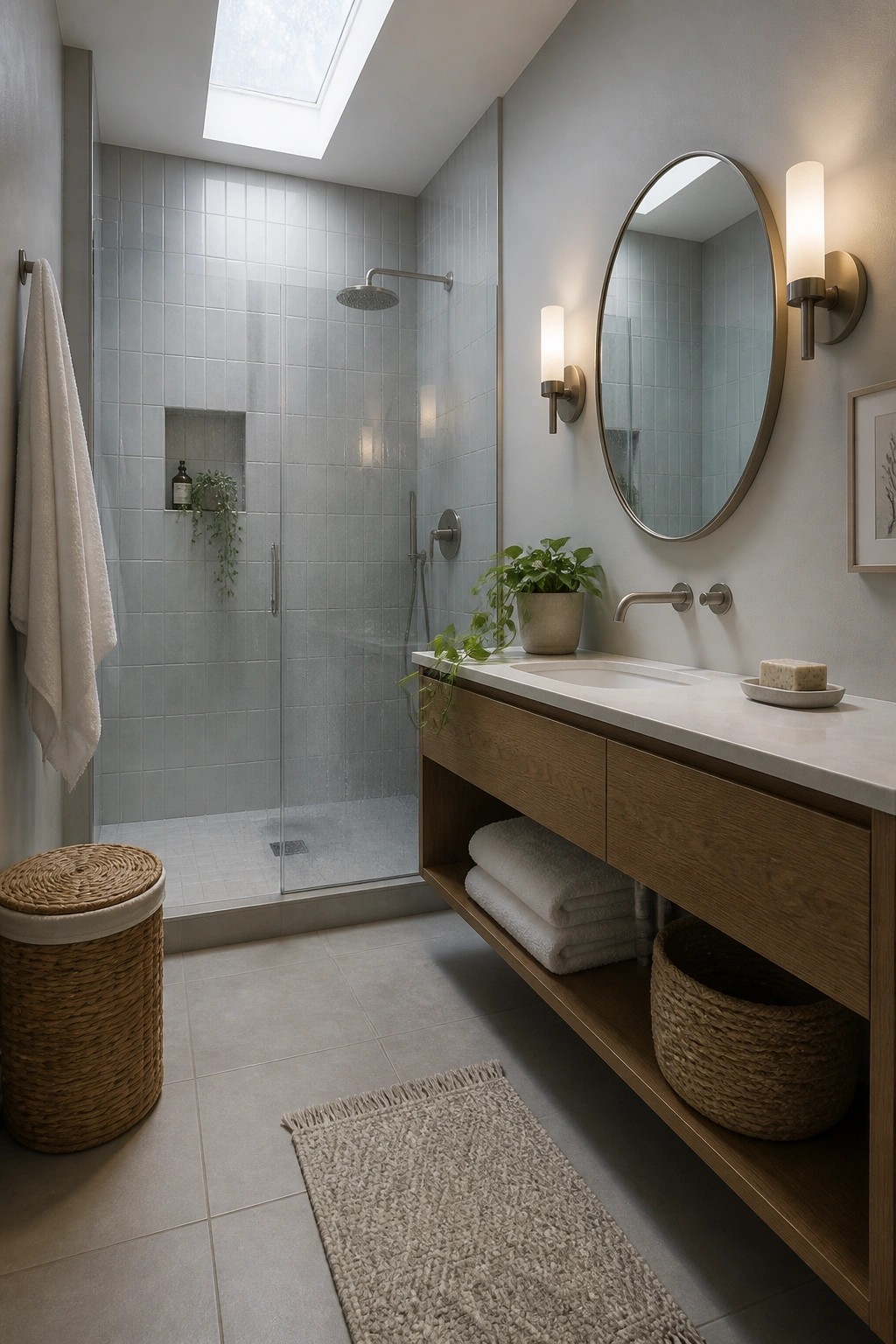 Modern bathroom with blue-tiled shower, skylight, wooden vanity, round mirror, and woven baskets