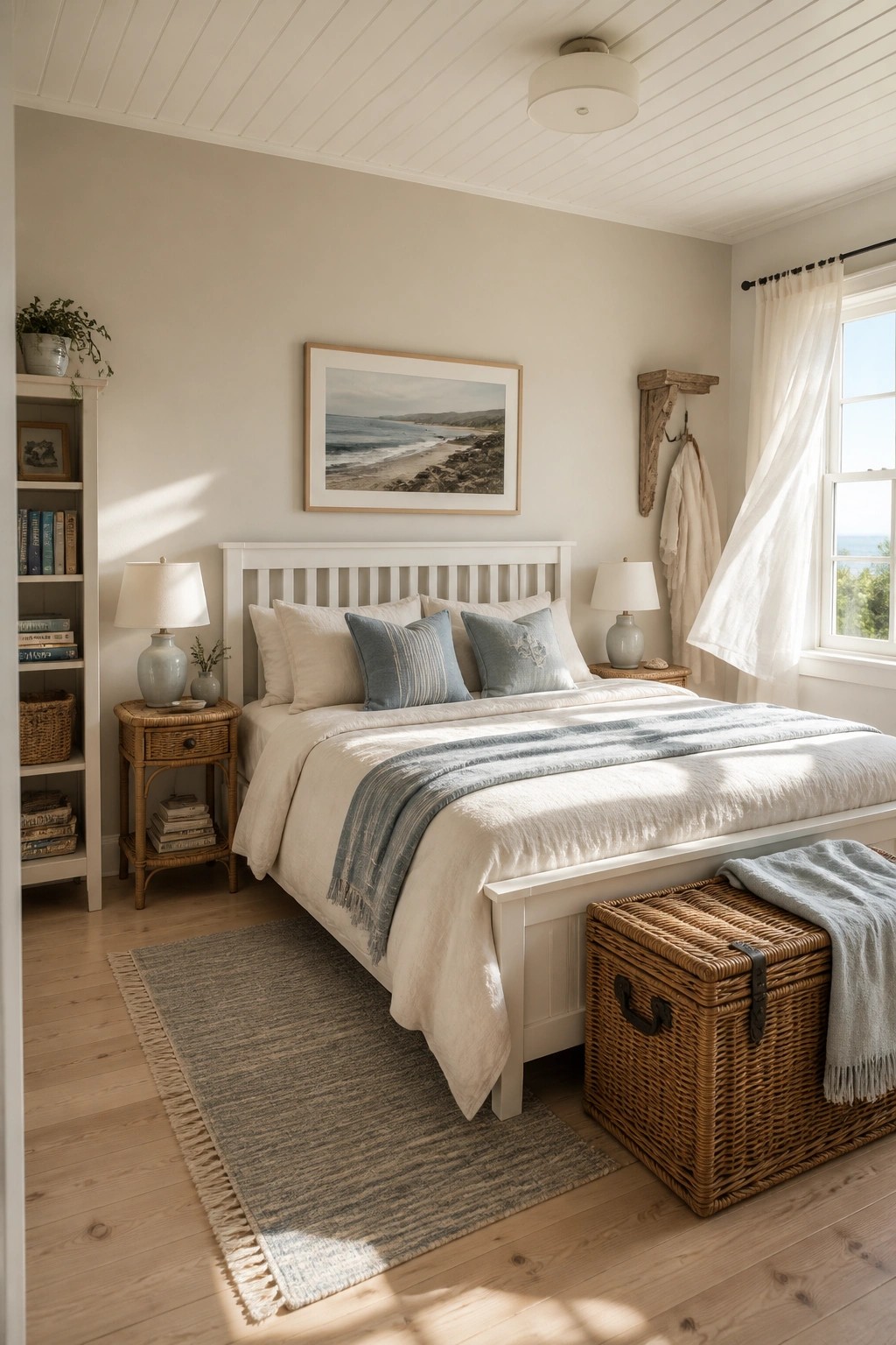 Coastal bedroom with white bed, blue accents, wicker chest, and beach artwork.