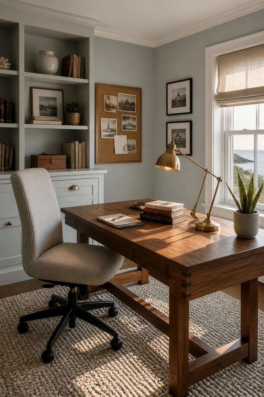 A home office with soft gray walls and a wooden desk.