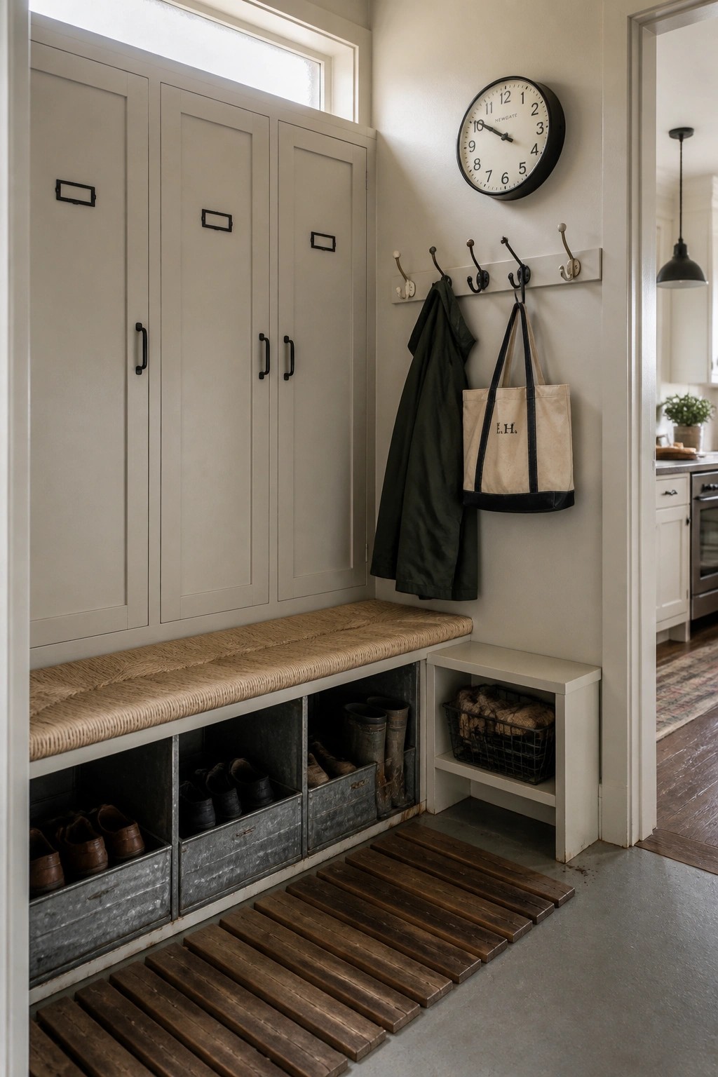 Built-in cabinetry painted in a soft greige neutral.