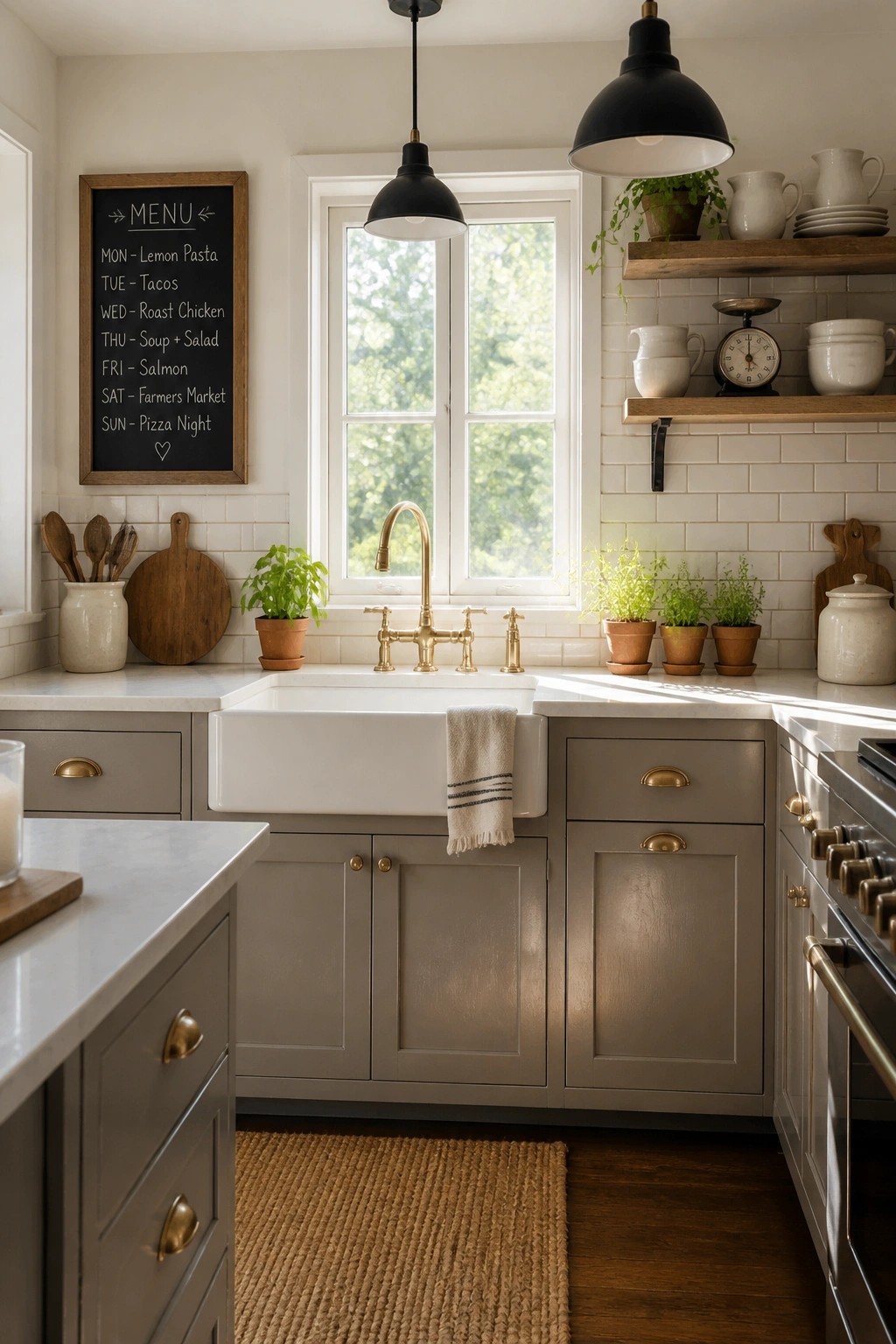 Gray kitchen cabinets painted in a soft greige neutral.