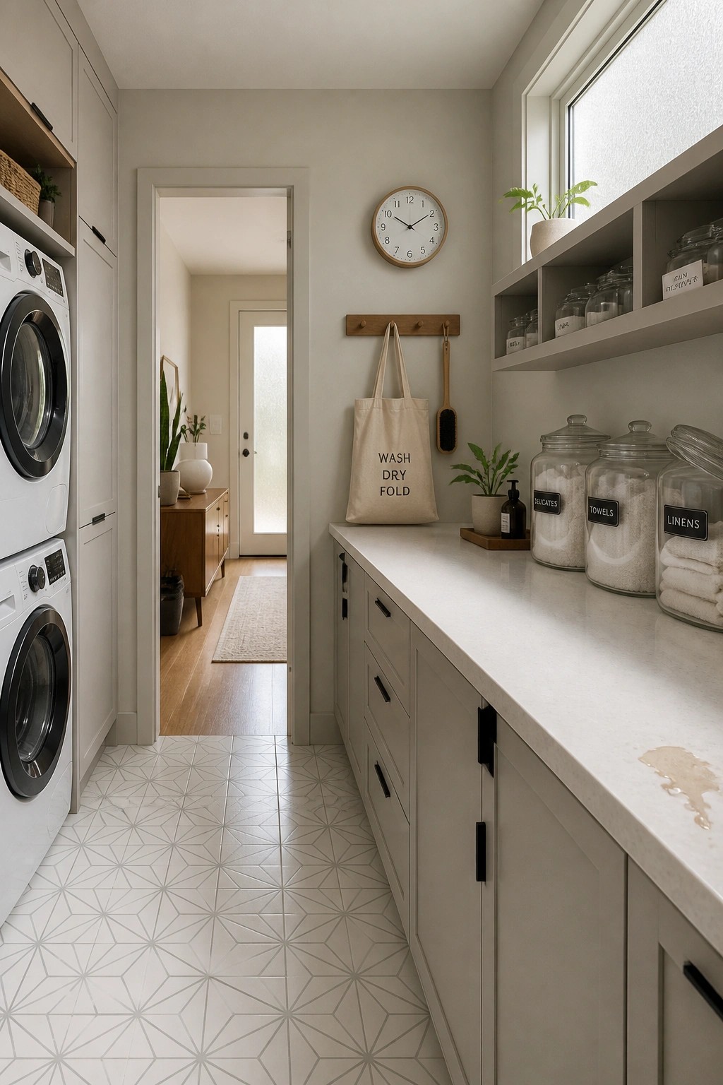 Light greige walls in a laundry room with white cabinets and a long countertop.
