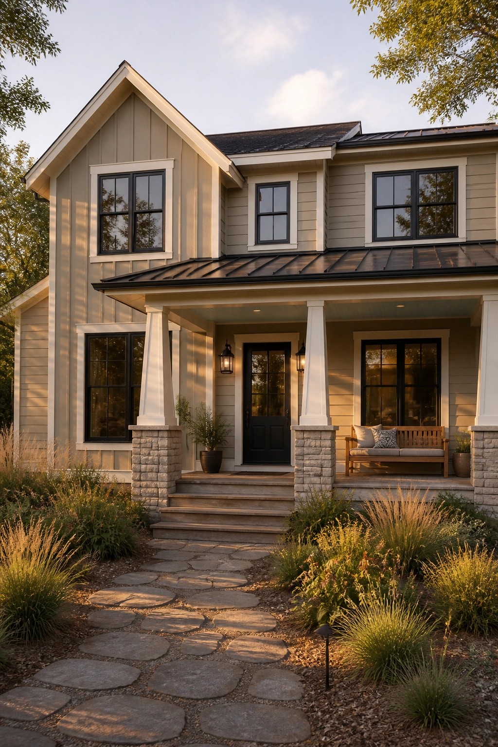 A house exterior with light greige siding and a stone porch.