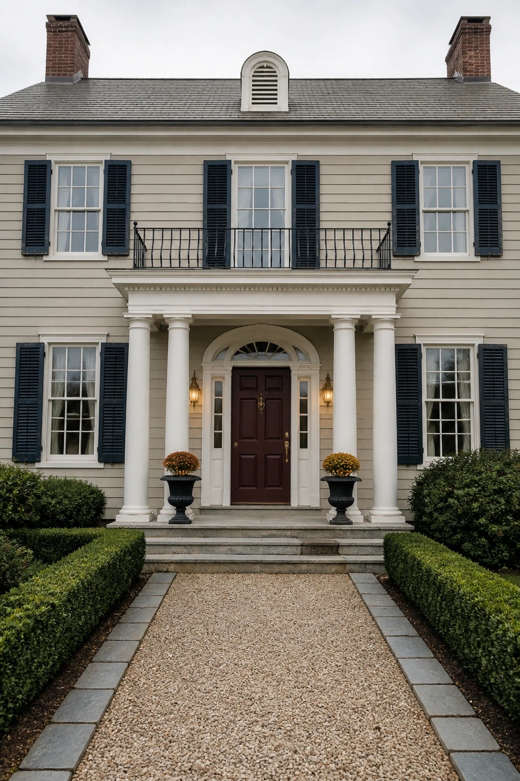 A house with light greige siding and a white columned porch.