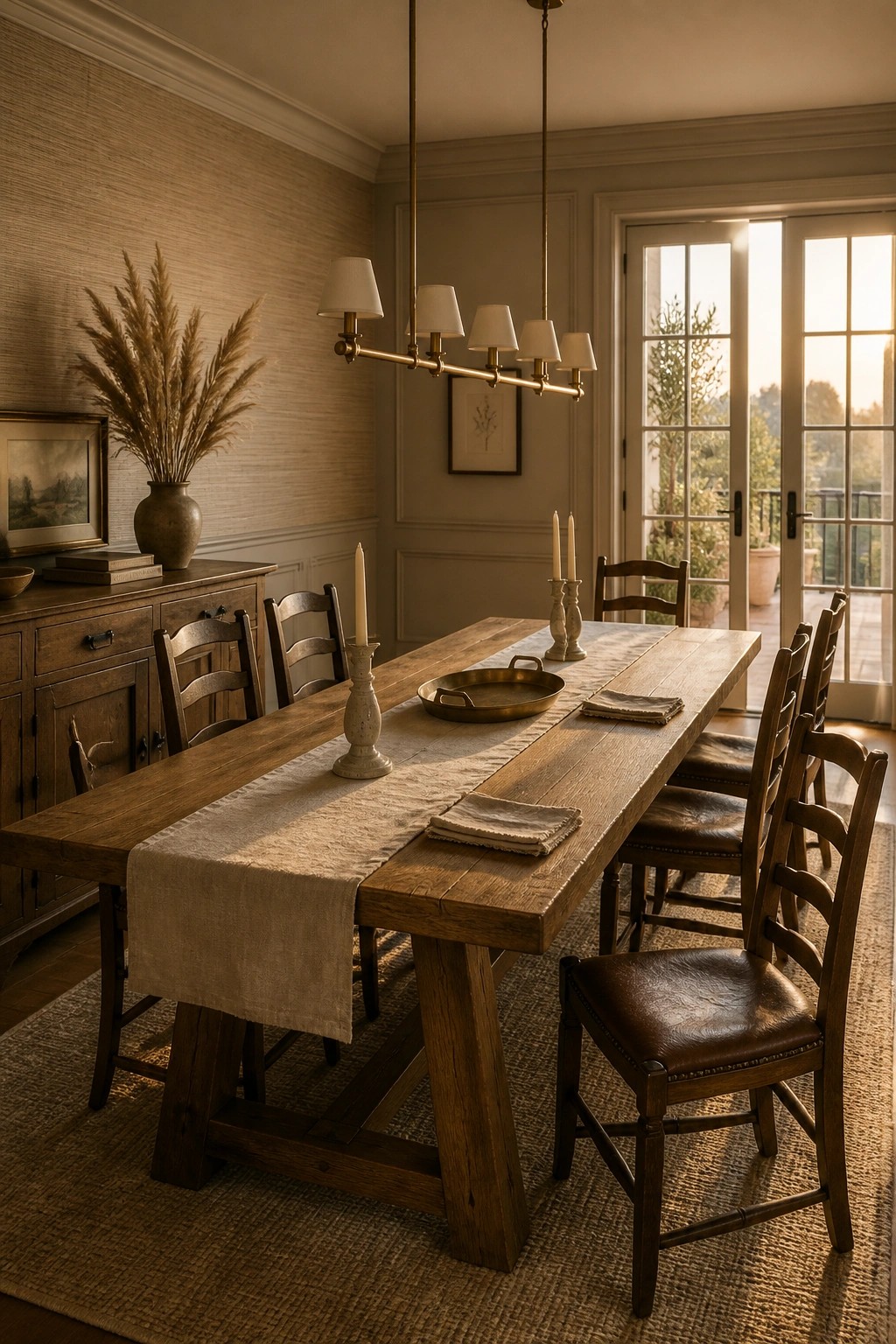 Dining room with soft greige walls and a long wooden table.