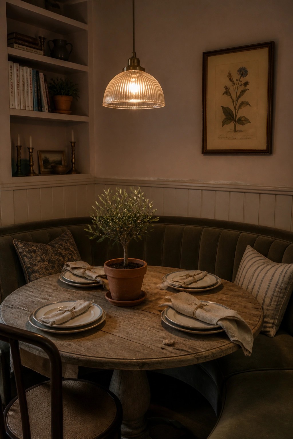Dining nook with soft greige walls, a round wood table, and built-in bench seating.