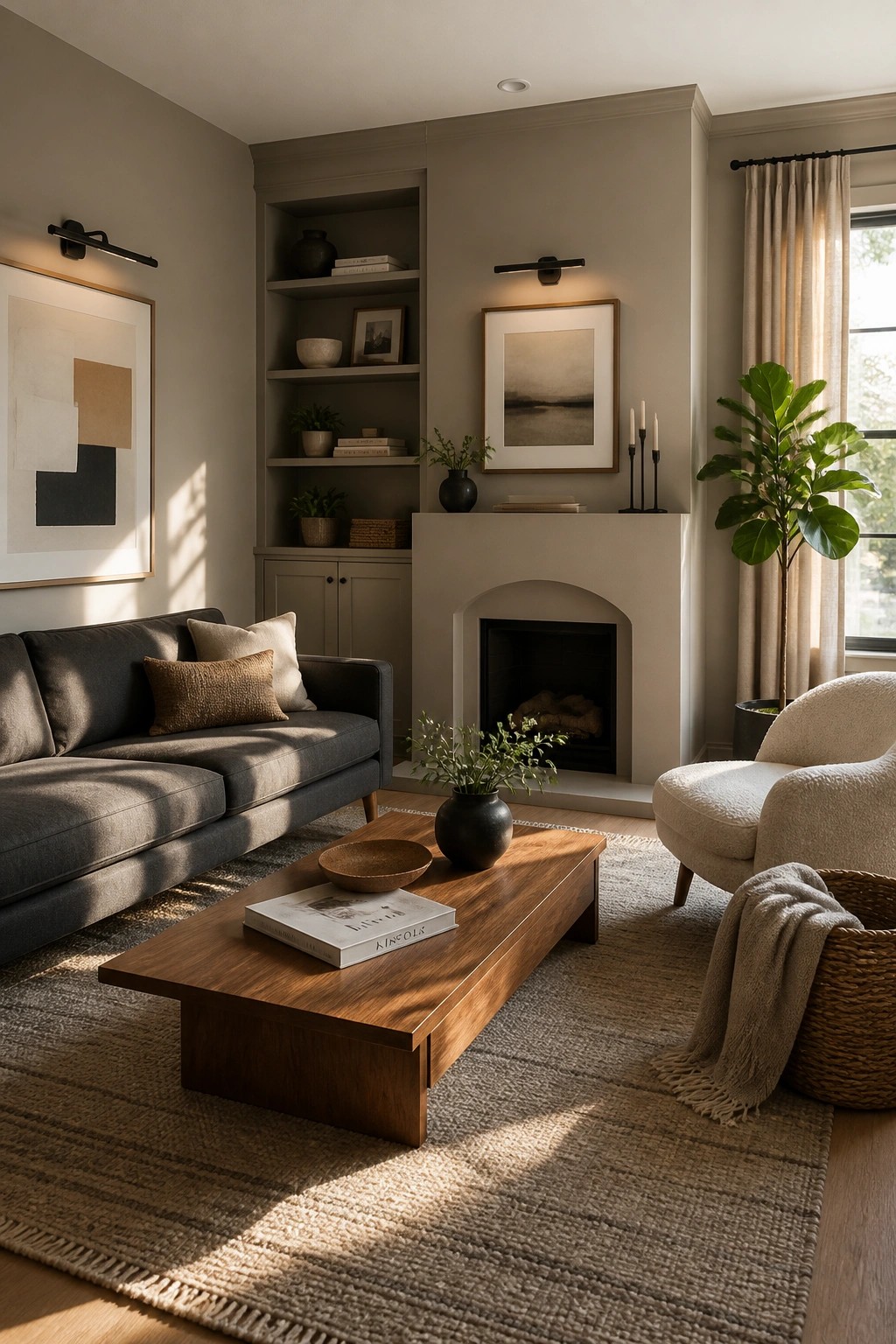 Cozy living room with gray sofa, wooden coffee table, fireplace, and neutral decor.