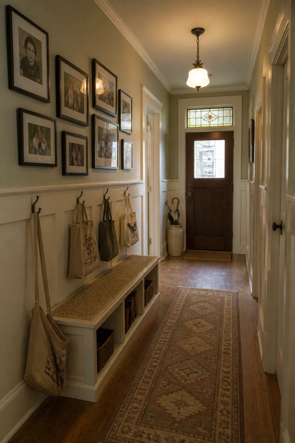 A hallway painted in soft sage green with white wainscoting and wood floors.