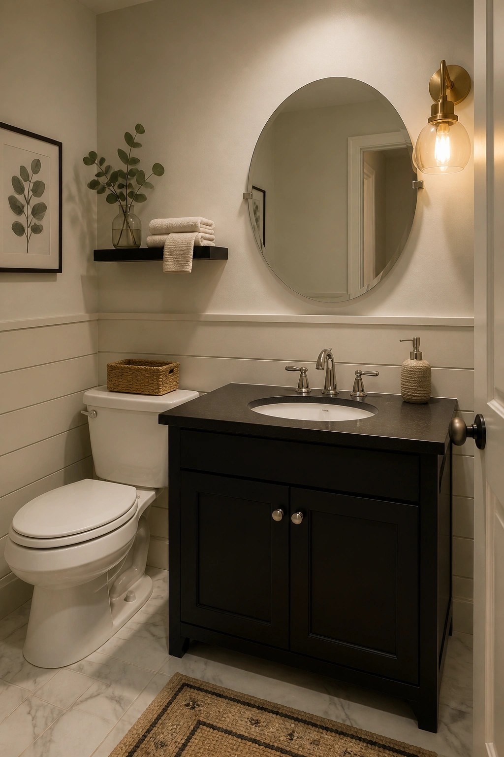 Bathroom walls painted in a soft warm beige with a dark vanity and marble floor.