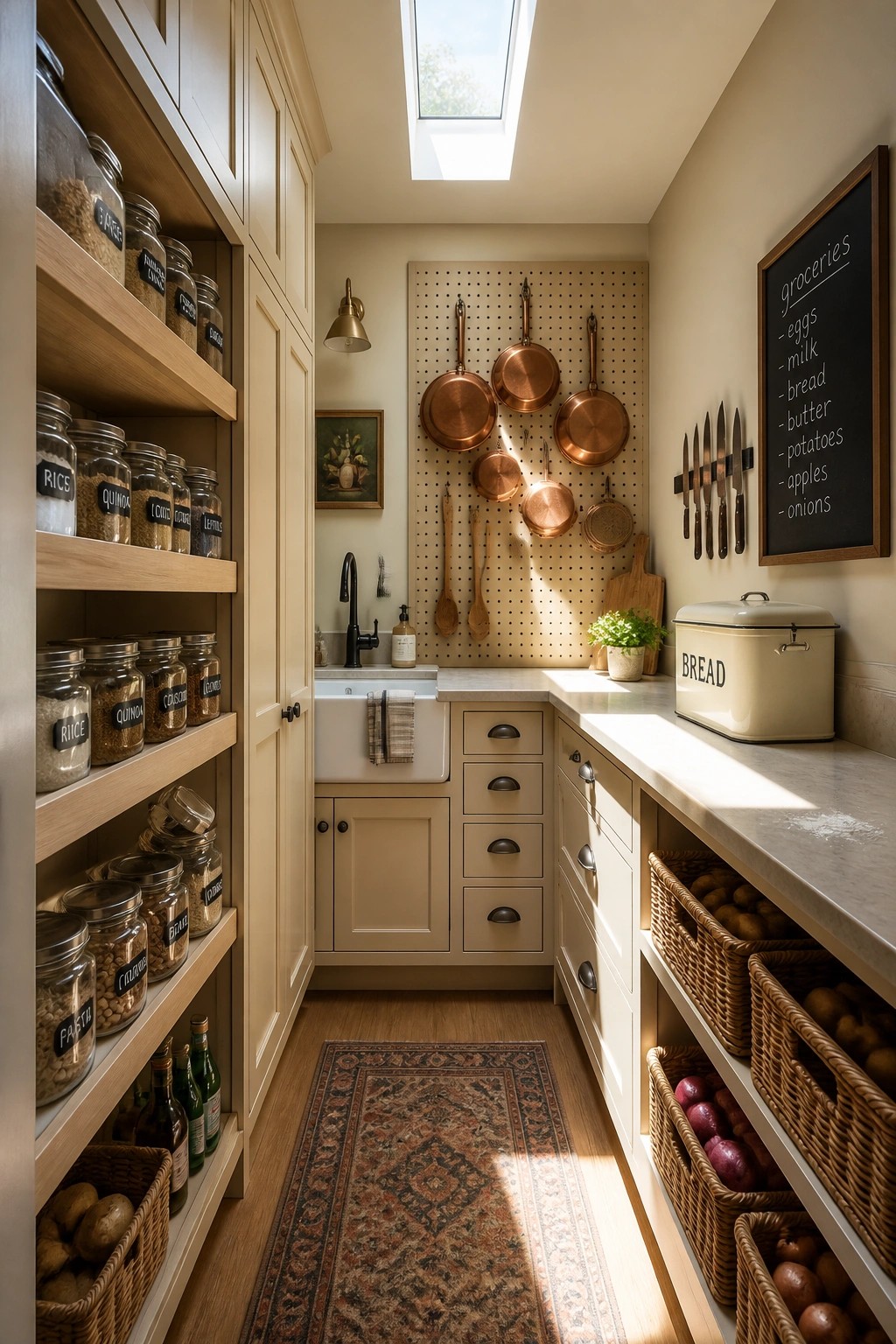 Light warm beige cabinets in a narrow kitchen pantry.