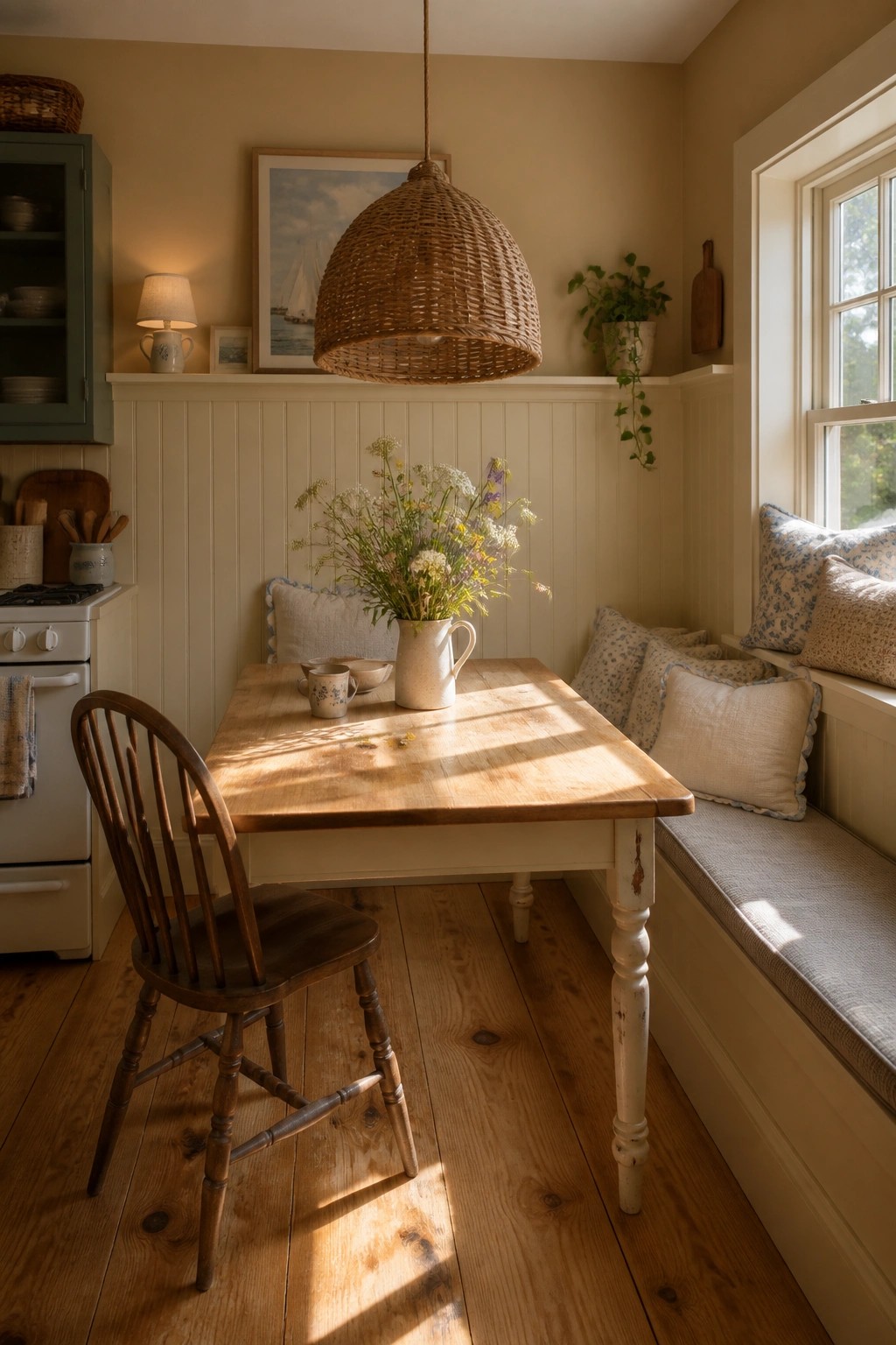 Sunlit rustic dining nook with wooden table, wildflowers, wicker pendant, and window bench.