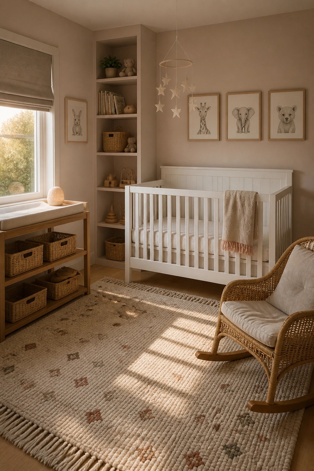 Cozy neutral nursery with white crib, wicker rocker, patterned rug, and animal prints