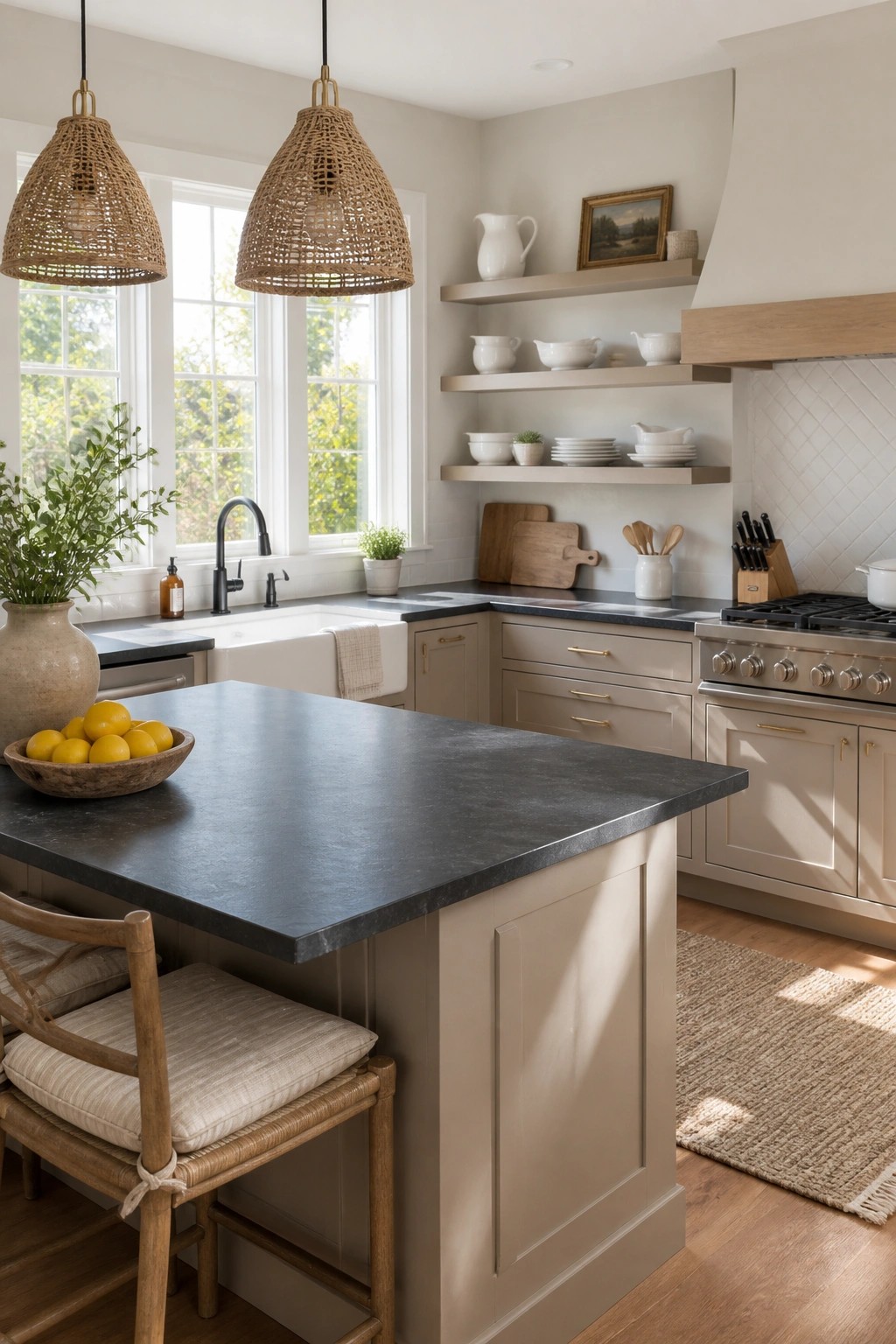 Kitchen with warm greige cabinets and a dark island countertop.