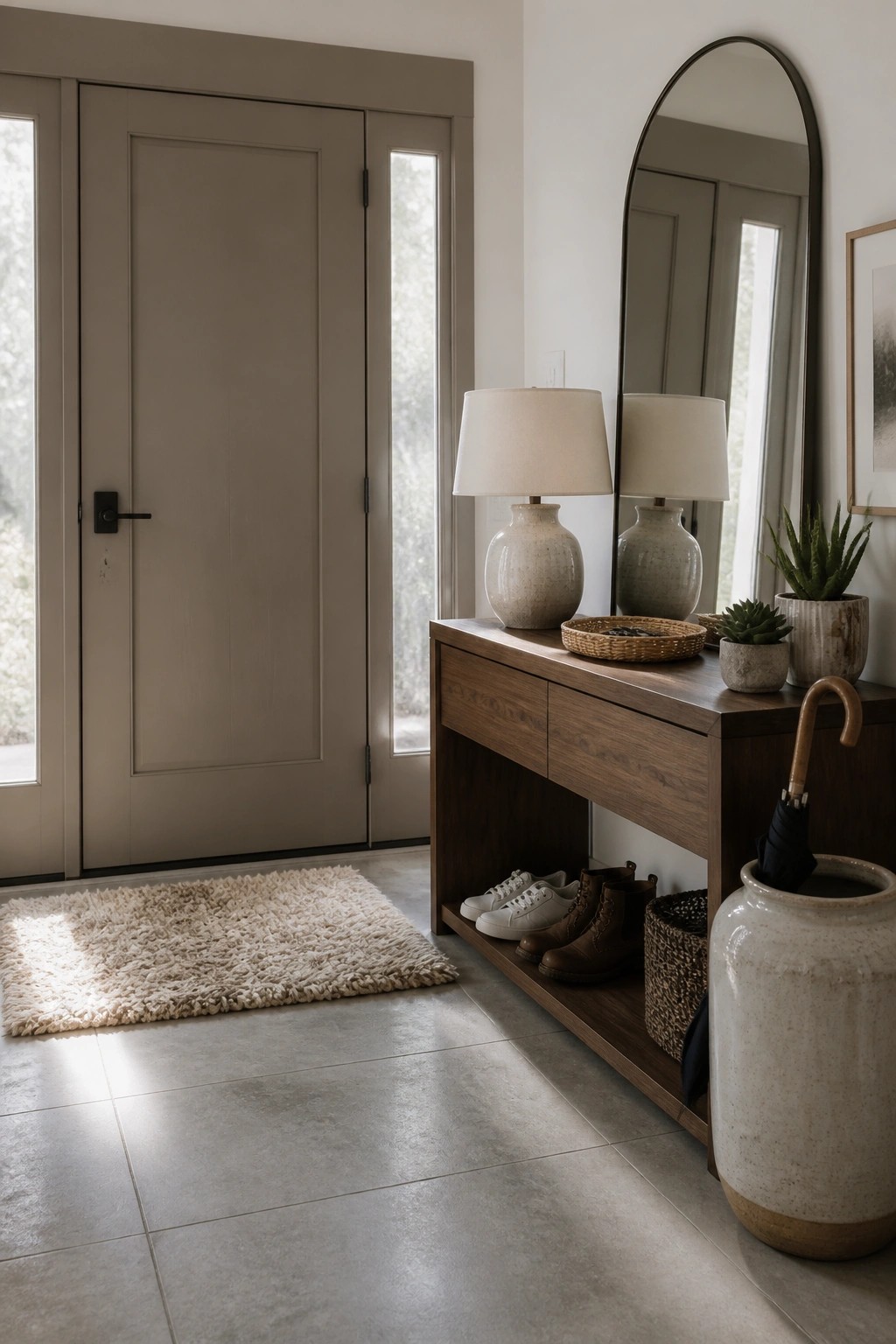 Warm greige painted doors in a simple entryway with a wooden console.