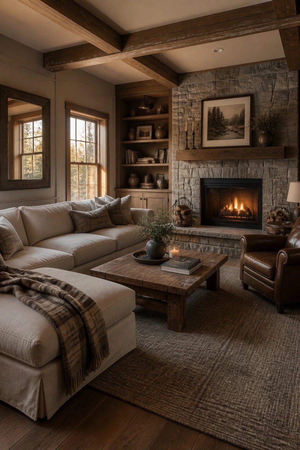 Rustic living room with stone fireplace, burning fire, white sofa, and wooden table