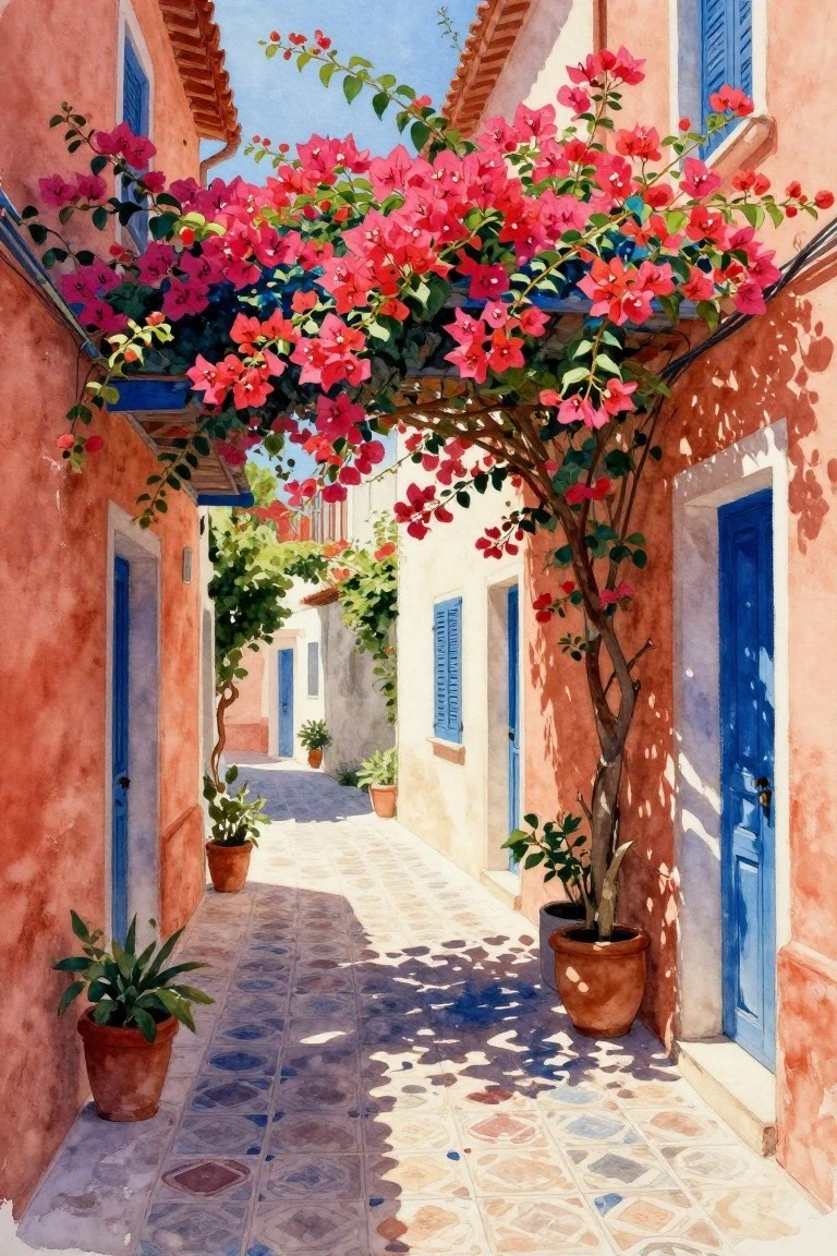 A sunlit narrow alley with terracotta walls, blue doors, patterned tile floor, and a dense canopy of pink flowers overhead.