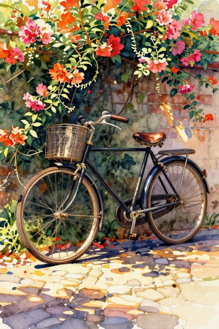 A watercolor painting of a dark bicycle with a basket parked on cobblestones next to a brick wall covered in pink, red, and orange flowers.