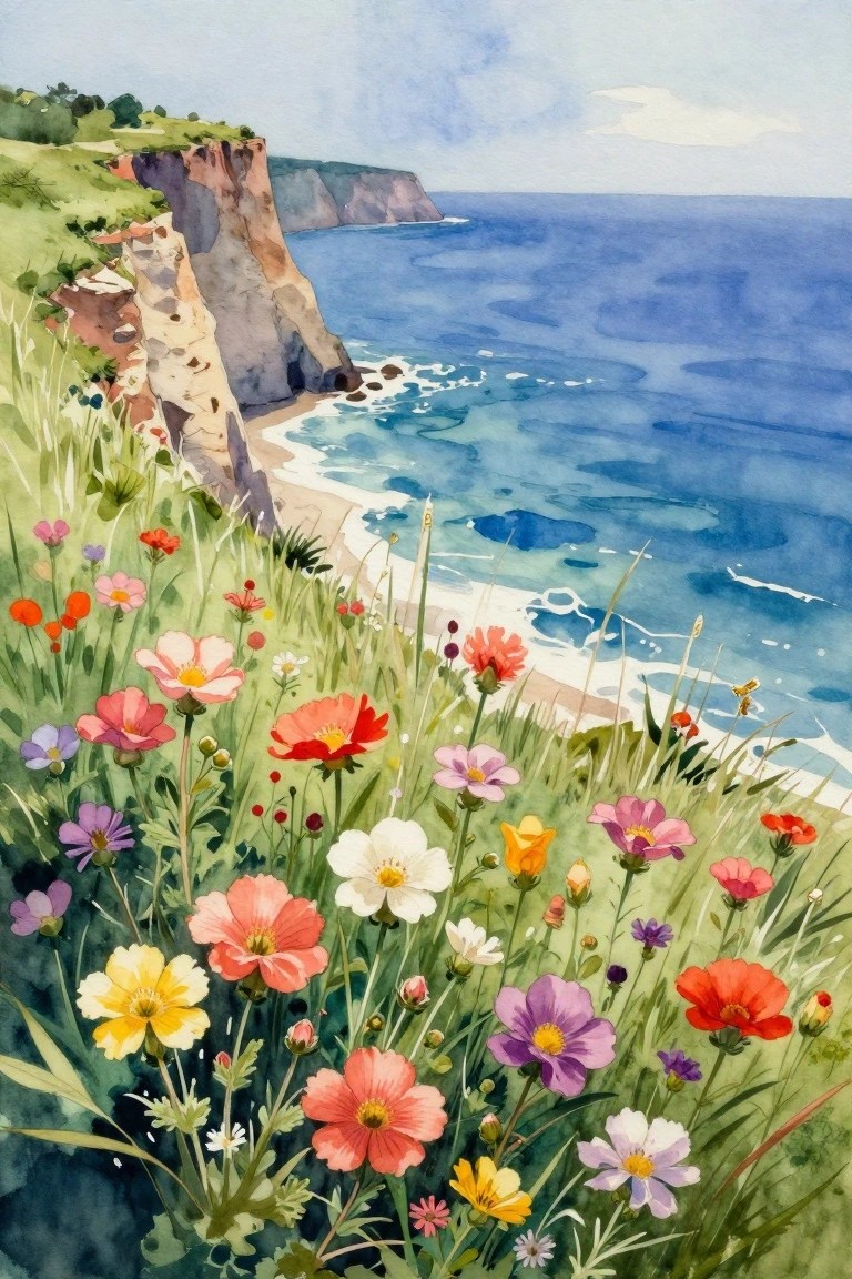 Colorful wildflowers on grassy cliffs overlooking a blue ocean, watercolor style.