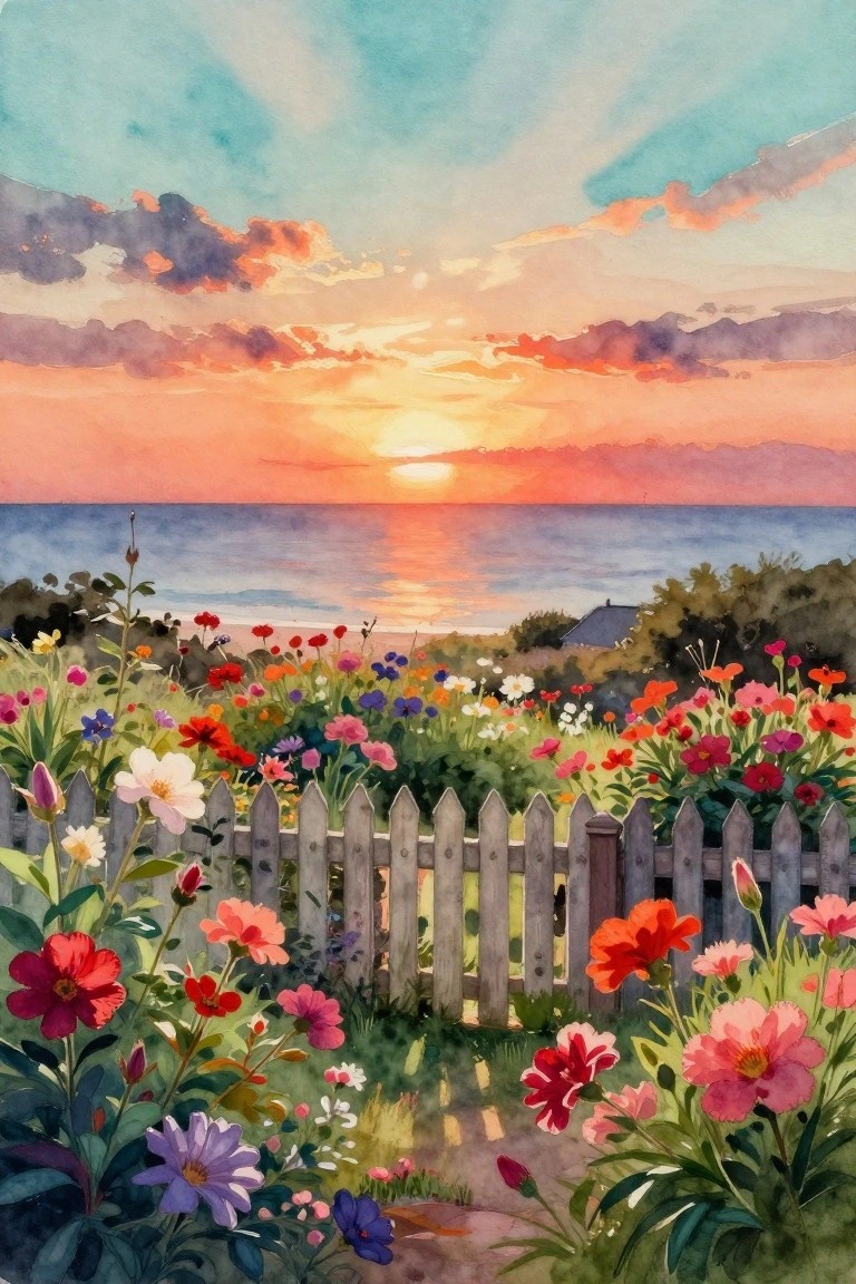 Watercolor sunset over ocean with colorful wildflowers by wooden picket fence.