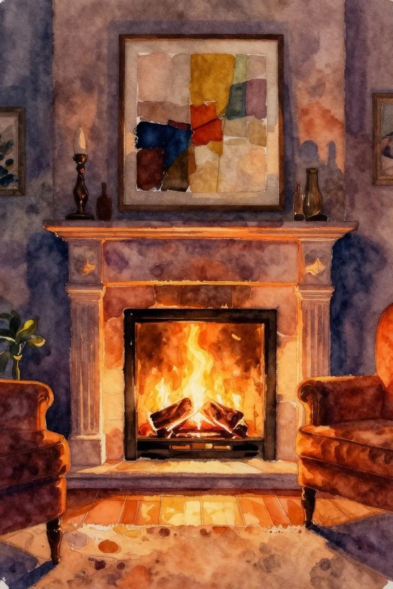 A watercolor painting of a fireplace with burning logs, an abstract painting above the mantel, and two armchairs in a room with purple walls.